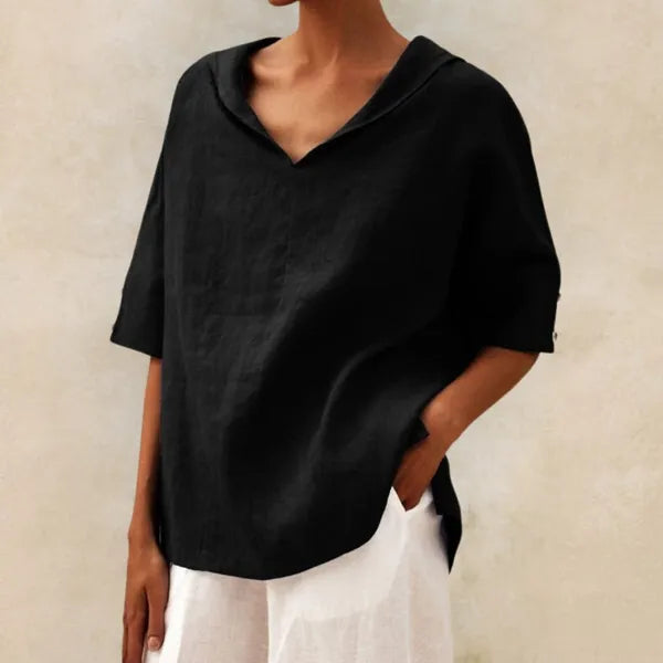 Women's Short Sleeve V Neck Blouse in Black, front view with rolled sleeves – Soraya