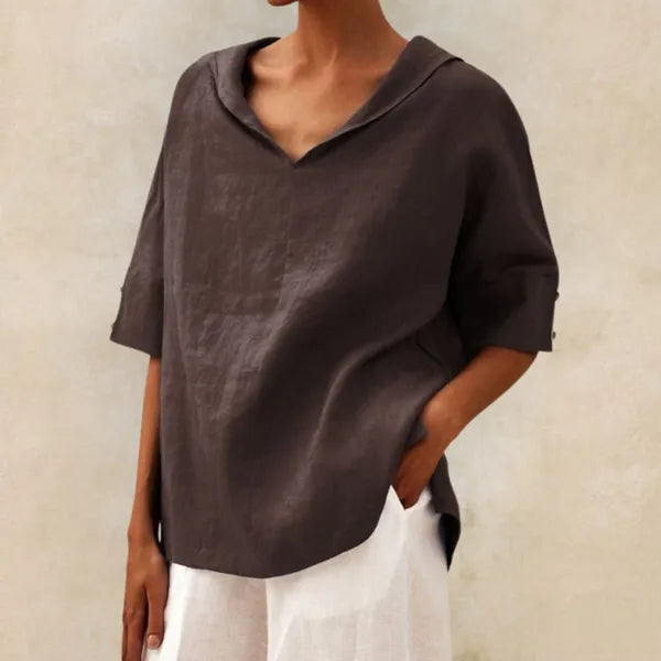 Women's Short Sleeve V Neck Blouse in dark Brown, front view on model – Soraya