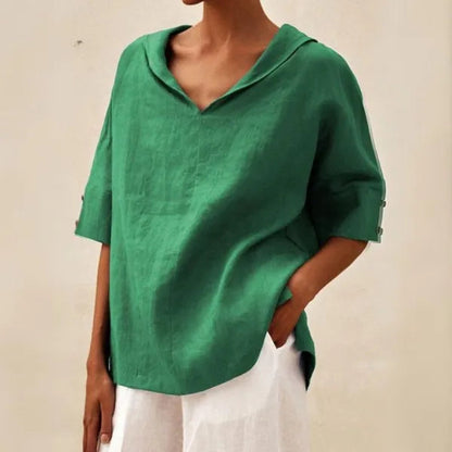 Women's Short Sleeve V Neck Blouse in Green linen, front view on model – Soraya