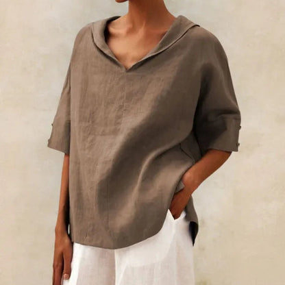 Women's Short Sleeve V Neck Blouse in Khaki, front view showing the loose fit – Soraya