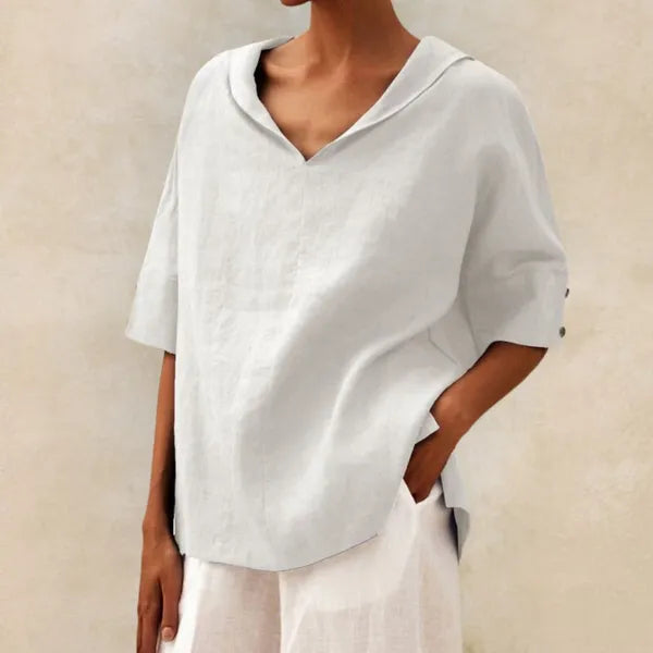 Women's Short Sleeve V Neck Blouse in White linen, front view with trousers – Soraya