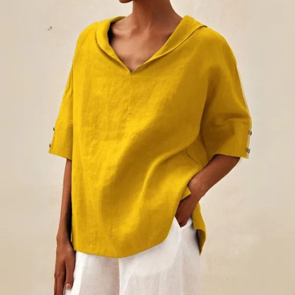 Women's Short Sleeve V Neck Blouse in Yellow, front view of the V neckline – Soraya