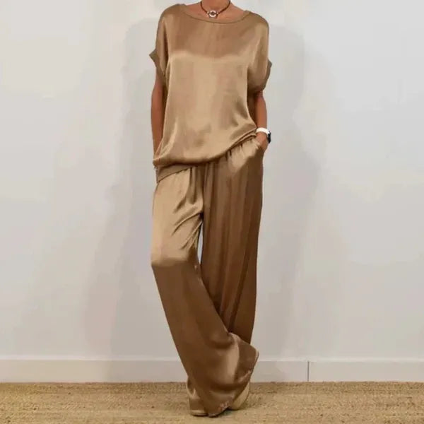 Anamaria women's short sleeve wide leg satin set in brown camel, front view