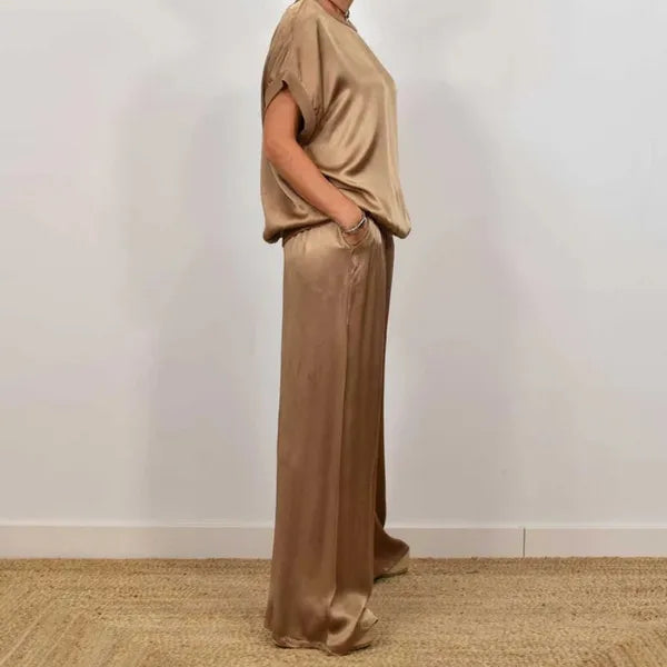 Anamaria brown satin top and wide leg trousers set, side profile on model