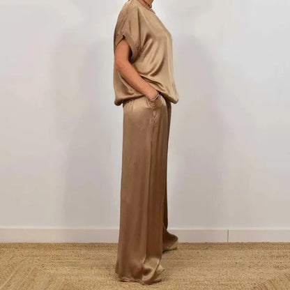 Anamaria brown satin top and wide leg trousers set, side profile on model