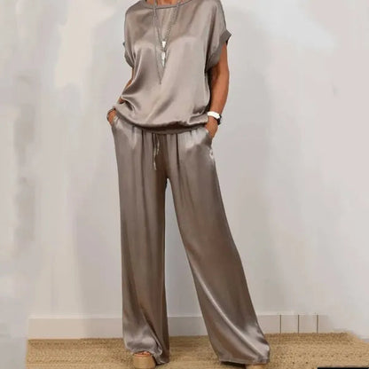 Anamaria women's short sleeve wide leg satin set in gray taupe, front view