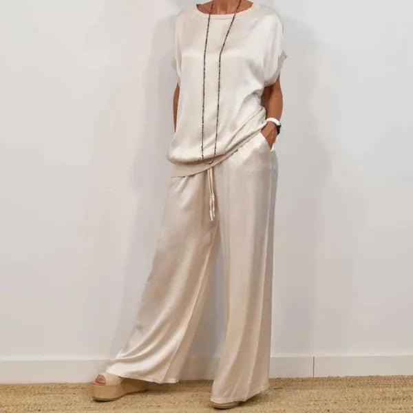 Anamaria women's short sleeve wide leg satin set in white, front view on model