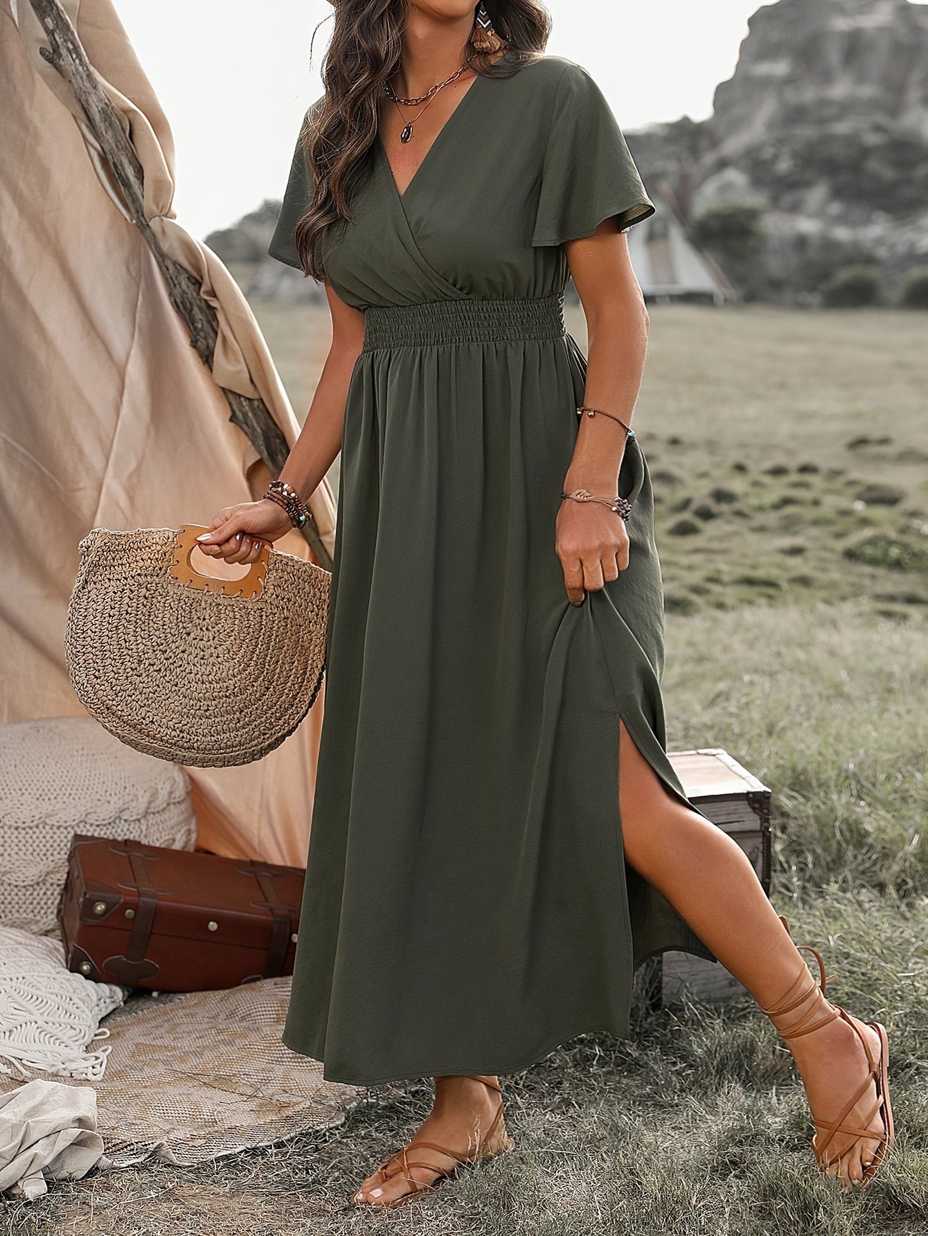 Kaia short sleeve wrap maxi dress in green, front view with side slit