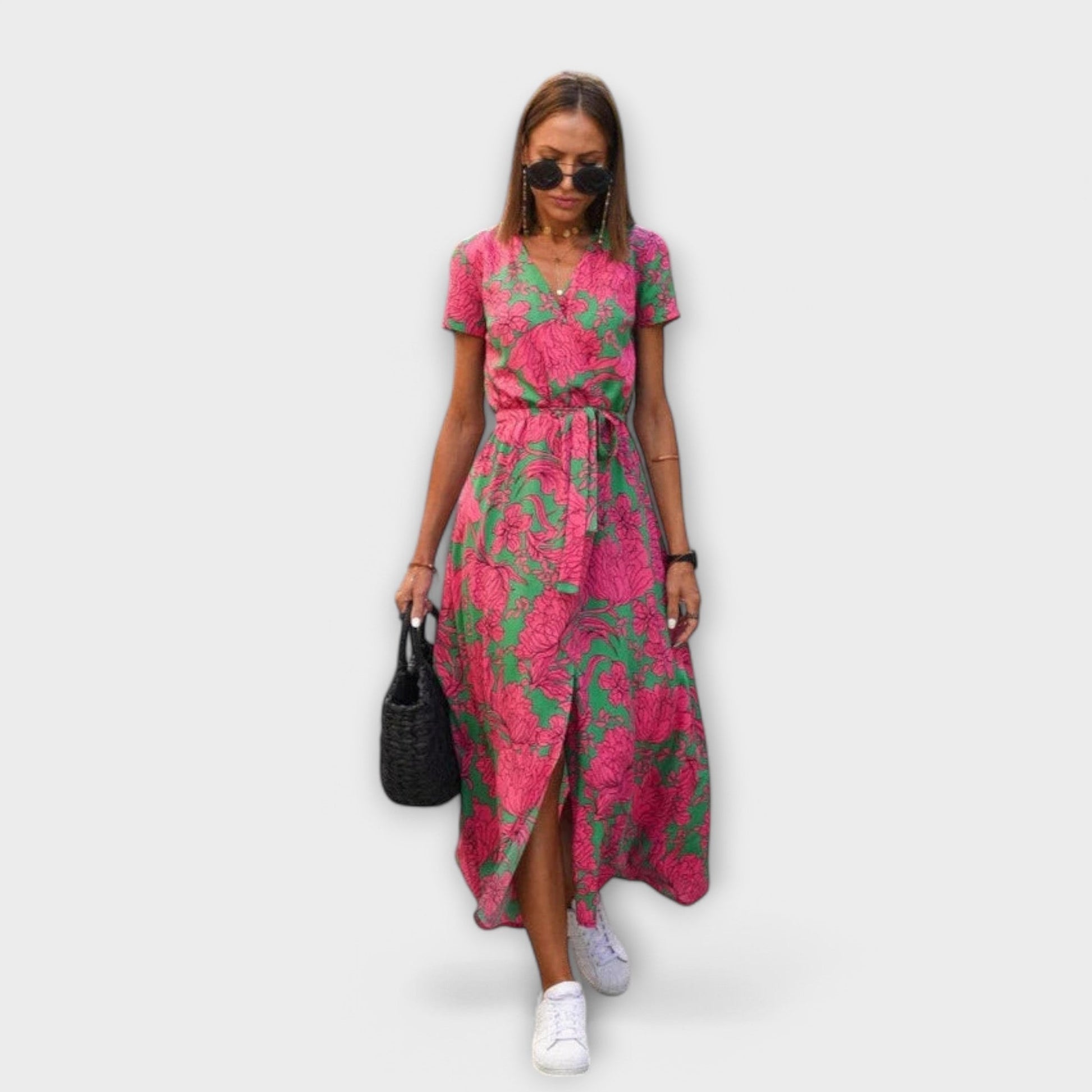 Mariz women's short sleeve pleated midi dress in green and pink print, front view