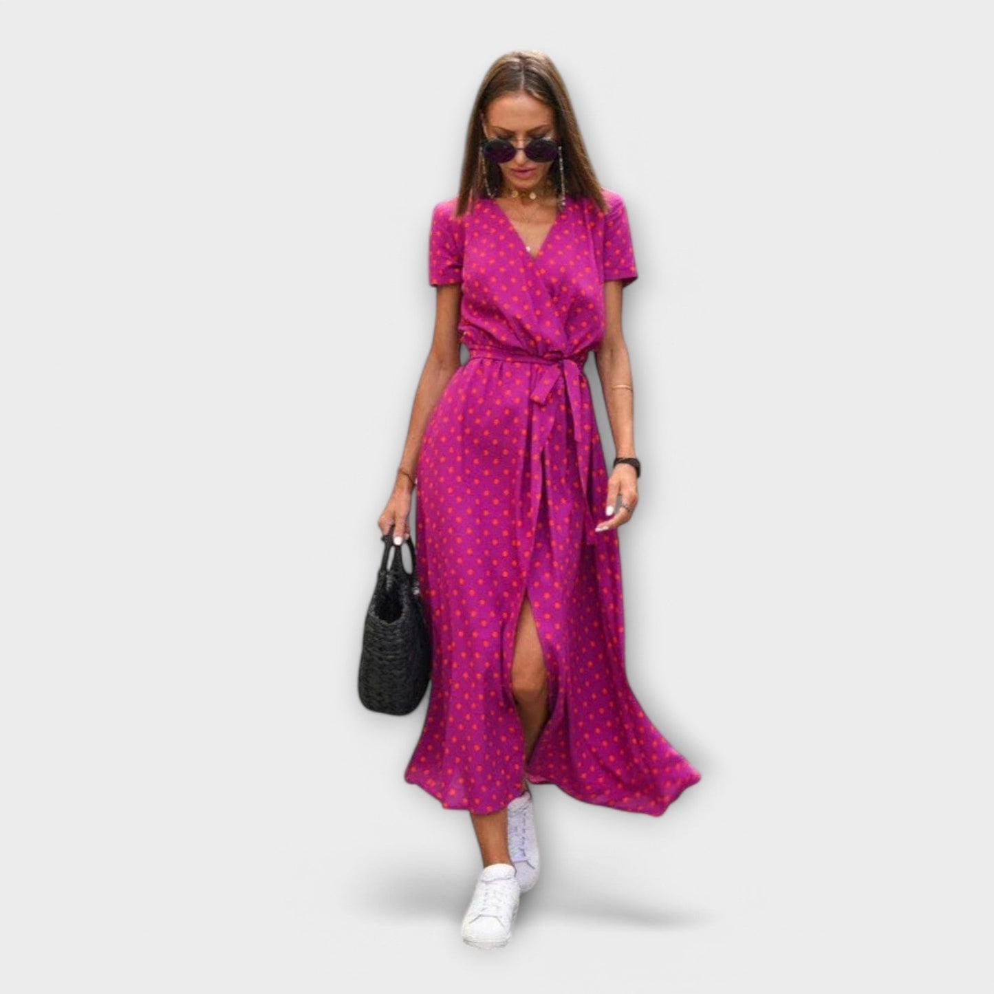 Mariz women's short sleeve pleated midi dress in pink dot print, front view