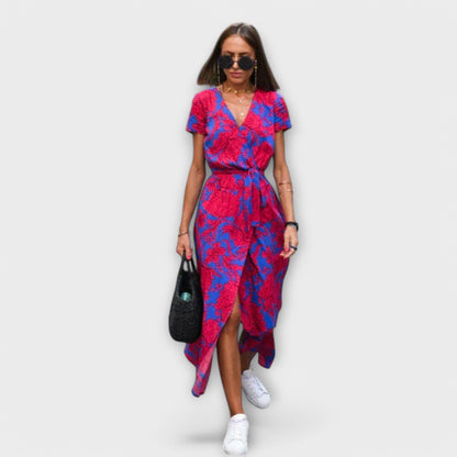 Mariz women's short sleeve pleated midi dress in red and blue print, front view