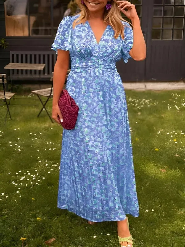 Lotte short sleeves floral maxi dress in blue, front view on model