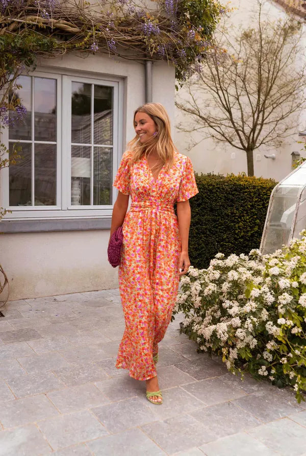 Lotte short sleeves floral maxi dress in orange, full-length front view