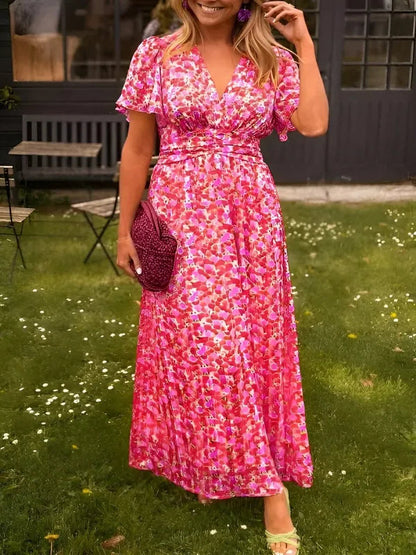 Lotte floral maxi dress in pink with wrap neckline, front view on model