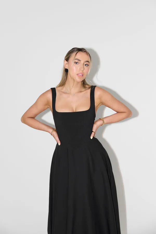 Bodice and strap detail of the black Edmee sleeveless A-line maxi dress