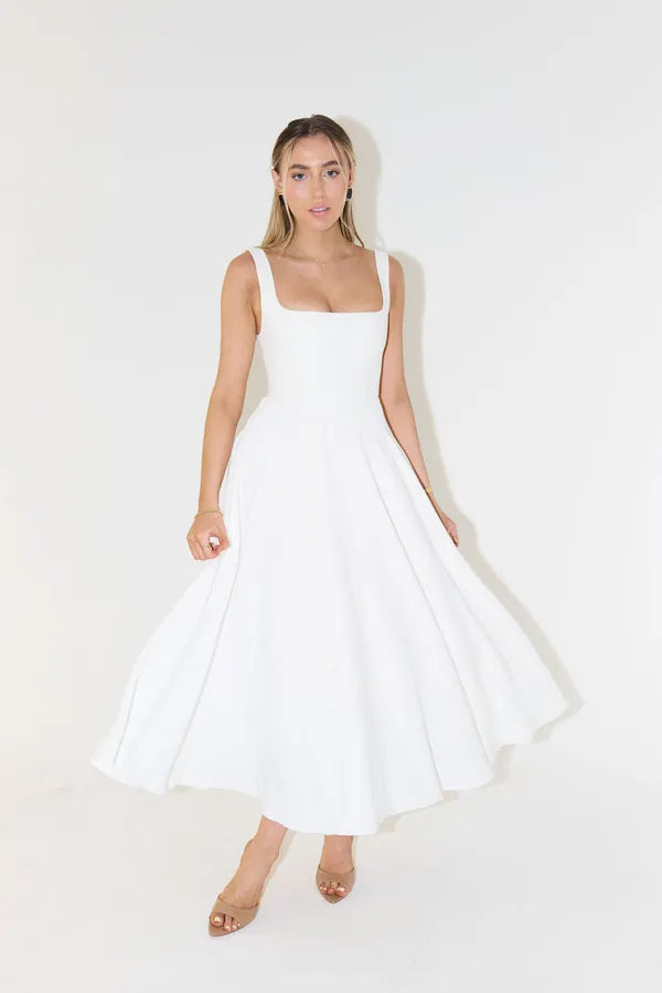 Edmee white sleeveless A-line maxi dress, studio front view on model