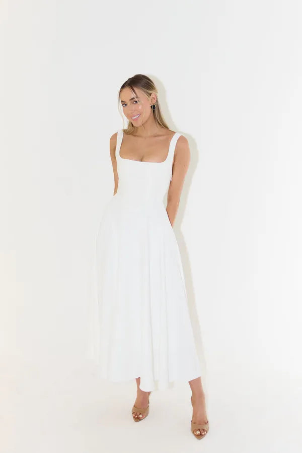 Edmee sleeveless A-line maxi dress in white, full-length front view
