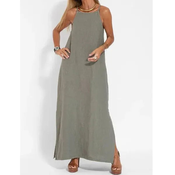 Joscelyn women's sleeveless caftan maxi dress in gray, full front view on model