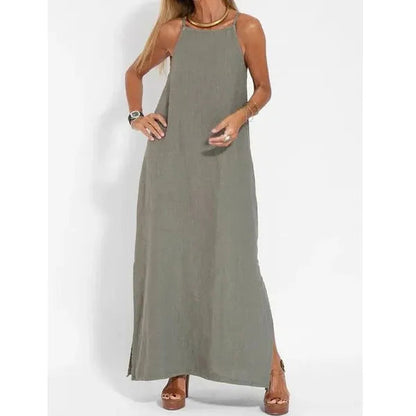 Joscelyn women's sleeveless caftan maxi dress in gray, full front view on model