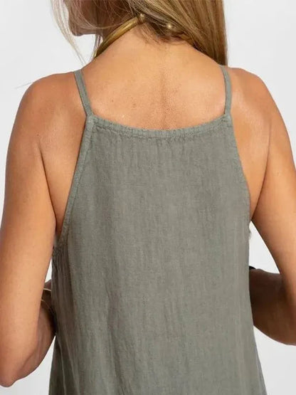 Close-up of the gray Joscelyn caftan maxi dress back neckline and thin shoulder straps