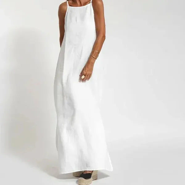 Joscelyn sleeveless caftan maxi dress in white, front view styled with espadrille wedges
