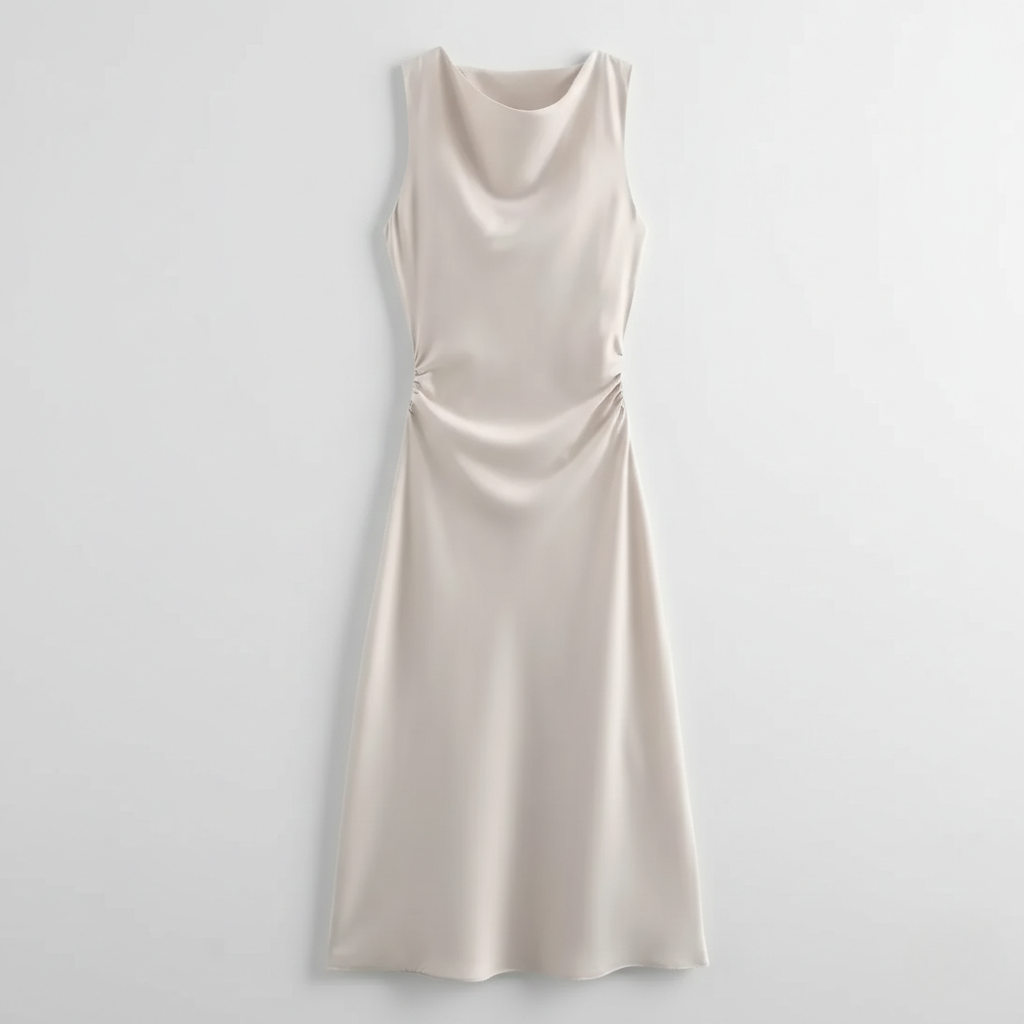 Karrie women's sleeveless cocktail midi dress in beige satin, flat product shot