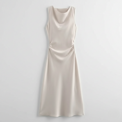 Karrie women's sleeveless cocktail midi dress in beige satin, flat product shot