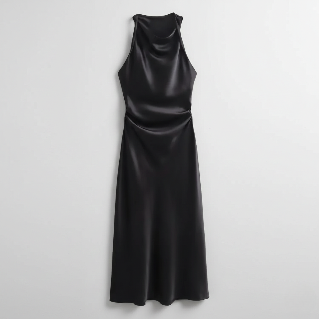 Karrie women's sleeveless cocktail midi dress in black satin, flat product shot