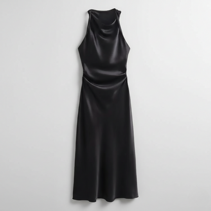 Karrie women's sleeveless cocktail midi dress in black satin, flat product shot
