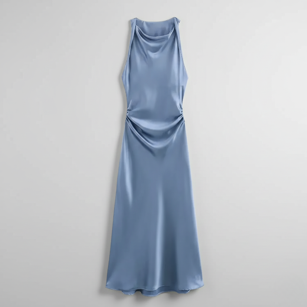 Karrie women's sleeveless cocktail midi dress in dusty blue satin, flat product shot