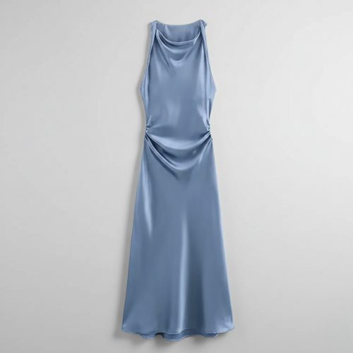 Karrie women's sleeveless cocktail midi dress in dusty blue satin, flat product shot