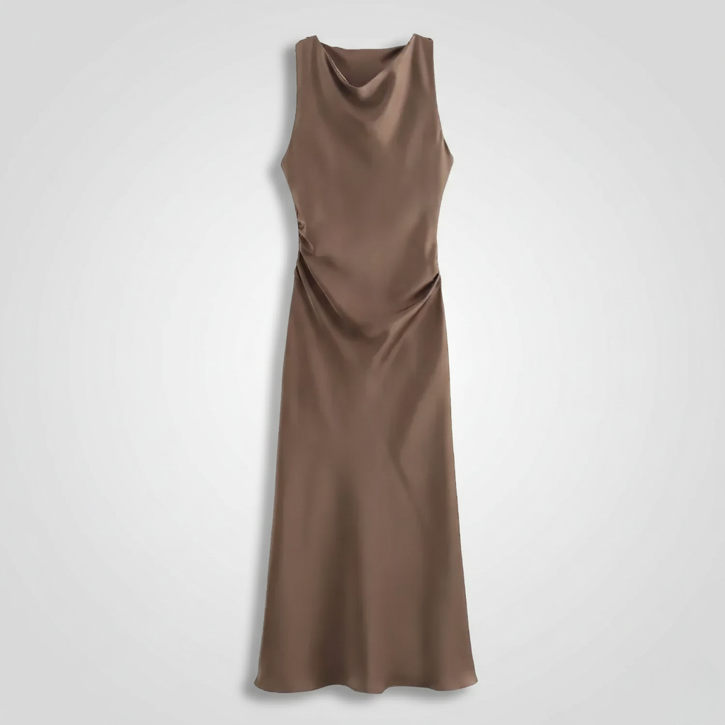Karrie women's sleeveless cocktail midi dress in brown satin, flat product shot