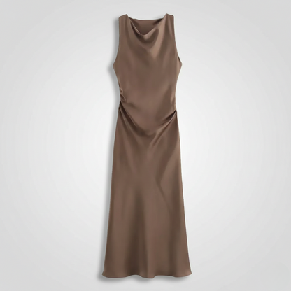 Karrie women's sleeveless cocktail midi dress in brown satin, flat product shot