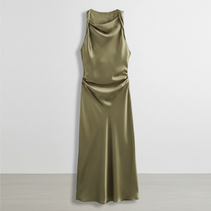 Karrie women's sleeveless cocktail midi dress in olive green satin, flat product shot