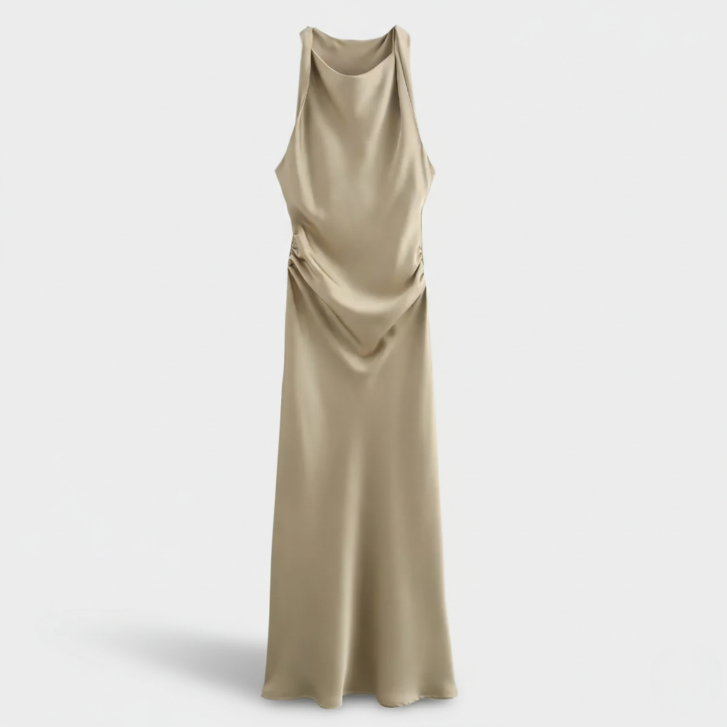 Karrie women's sleeveless cocktail midi dress in khaki satin, flat product shot