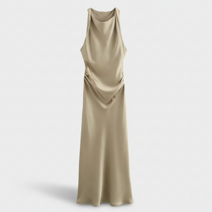 Karrie women's sleeveless cocktail midi dress in khaki satin, flat product shot