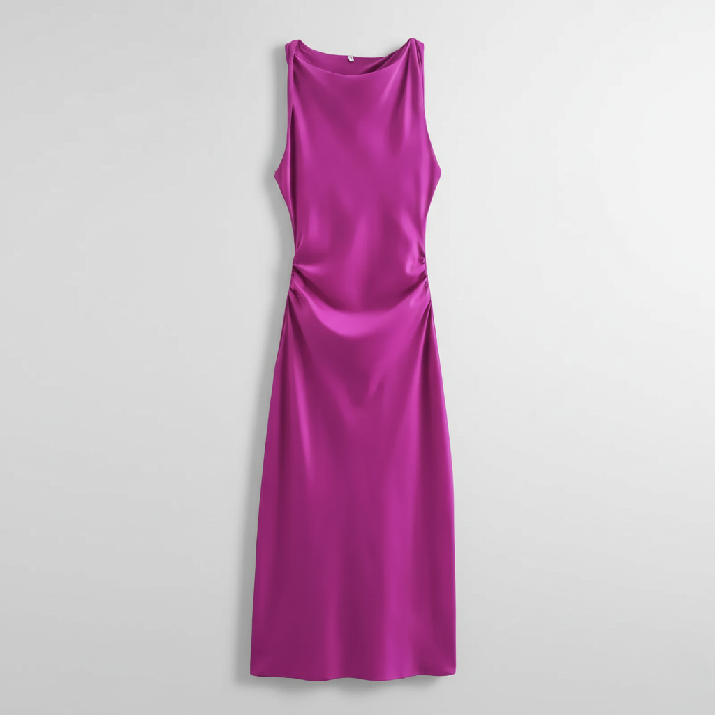 Karrie women's sleeveless cocktail midi dress in purple satin, flat product shot