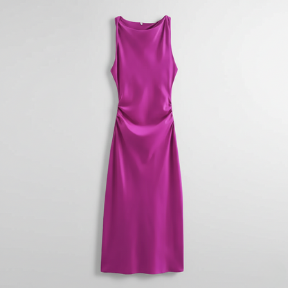 Karrie women's sleeveless cocktail midi dress in purple satin, flat product shot