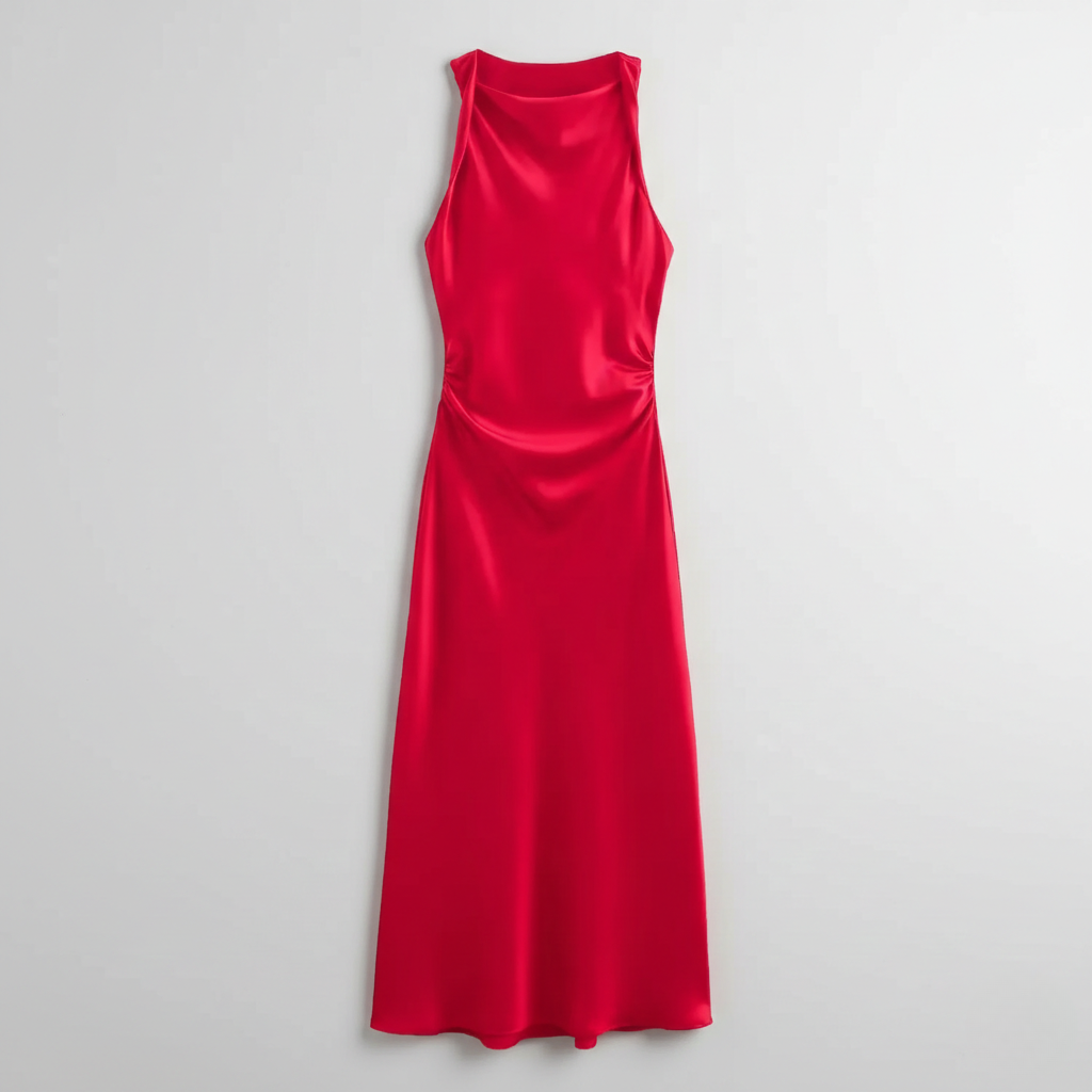 Karrie women's sleeveless cocktail midi dress in red satin, flat product shot
