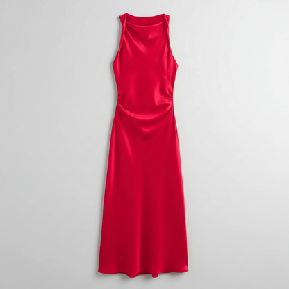 Karrie women's sleeveless cocktail midi dress in red satin, flat product shot