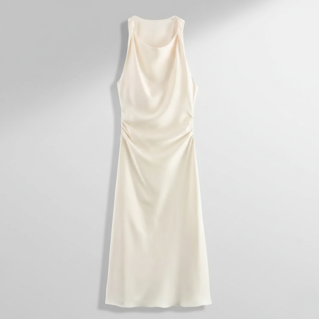 Karrie women's sleeveless cocktail midi dress in ivory white satin, flat product shot