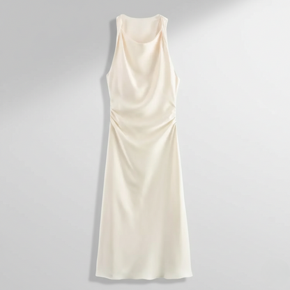 Karrie women's sleeveless cocktail midi dress in ivory white satin, flat product shot