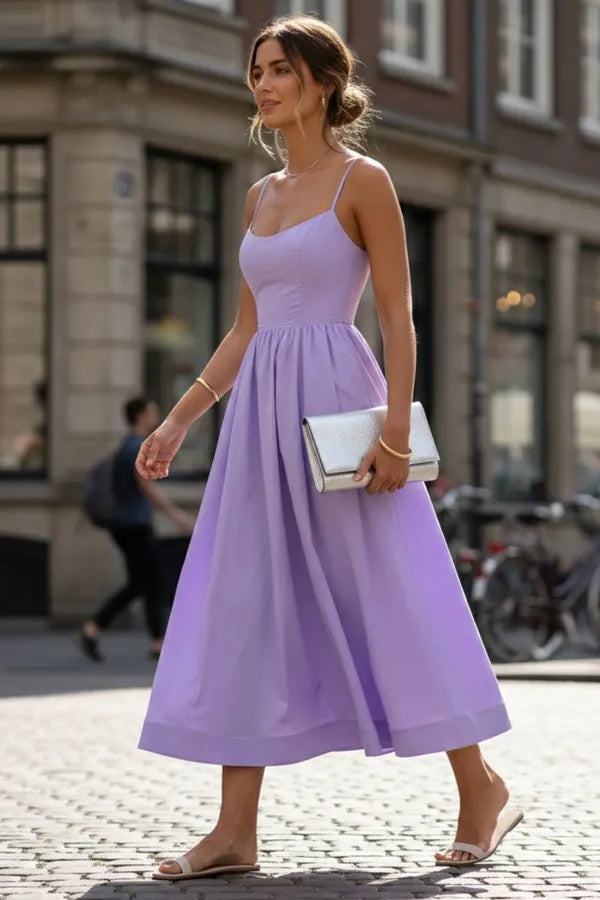Mandy women's sleeveless cocktail midi dress in lilac purple, walking side view