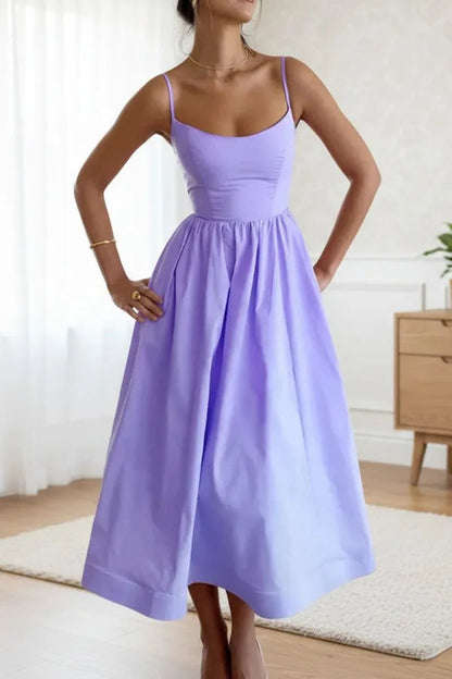 Mandy women's sleeveless cocktail midi dress in lilac purple, front view on model