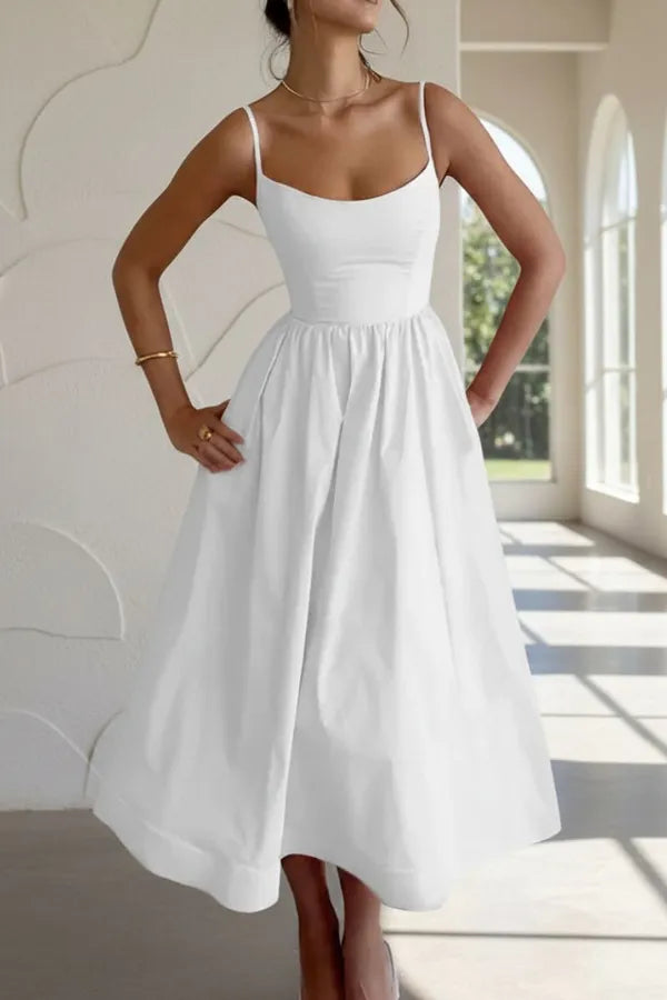 Mandy women's sleeveless cocktail midi dress in white, second front view on model