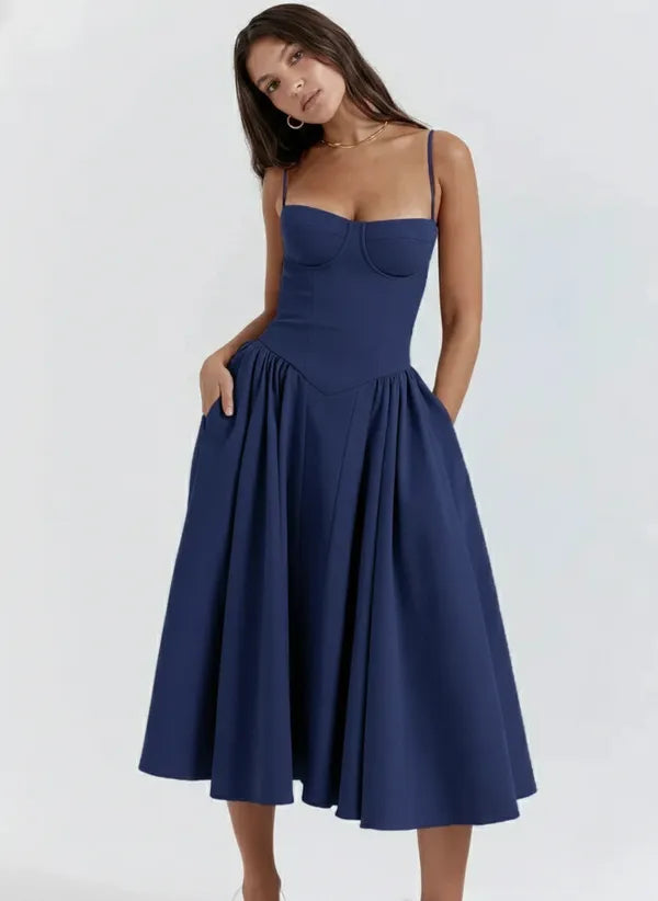 Ember women's sleeveless corset style midi dress in navy blue, front view on model