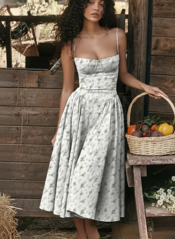 Ember women's corset style midi dress in gray floral print, front view on model