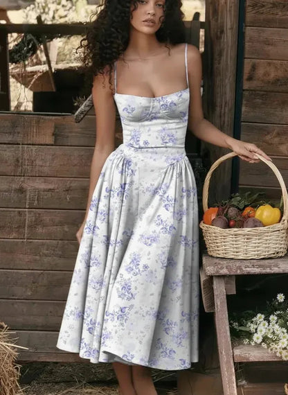 Ember women's corset style midi dress in light blue floral print, front view