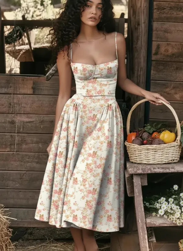Ember women's corset style midi dress in pink floral print, front view on model