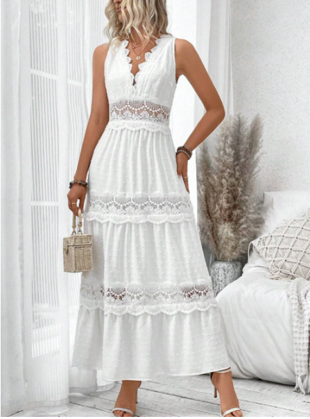 Genoveva women's sleeveless lace maxi dress in white, tiered skirt front view on model